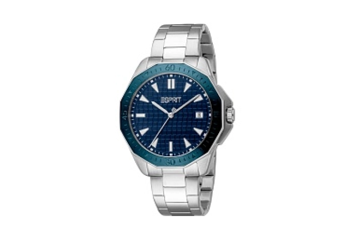 ESPRIT Men Watch, Silver Color Case, Dark Blue Dial, Stainless Steel Metal Bracelet, 3 Hands Date, 1