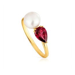 18KT GOLD RING RHODOLITE PEARL N14