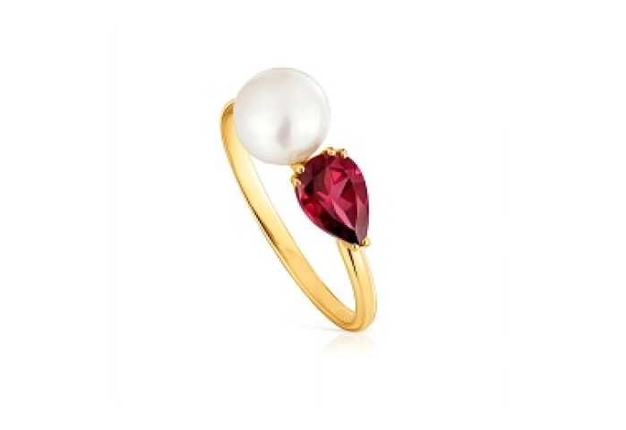 18KT GOLD RING RHODOLITE PEARL N14
