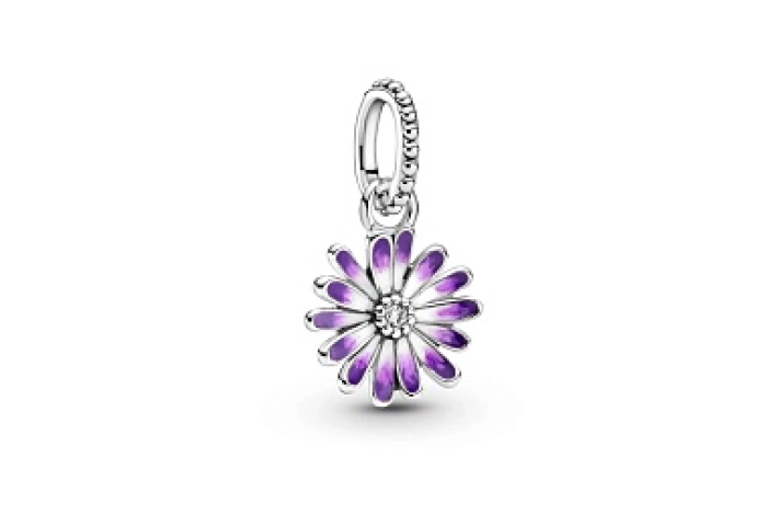 Daisy sterling silver dangle with clear cubic zirconia and shaded purple enamel