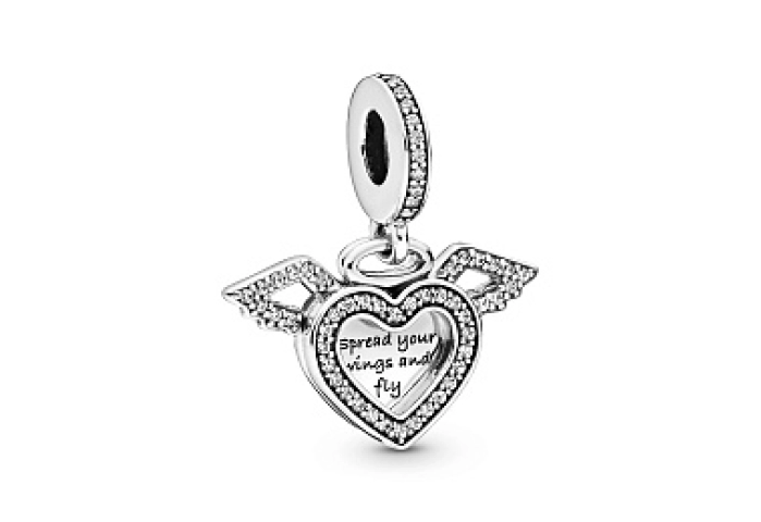Heart and wings sterling silver dangle with clear 