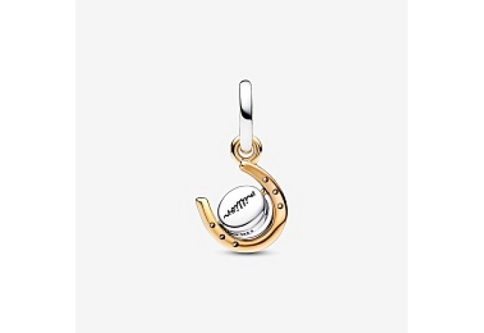 Spinnable horseshoe sterling silver and 14k gold-plated dangle with clear cubic zirconia