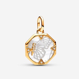 Butterfly 14k gold-plated medallion with clear cubic zirconia and white bioresin man-made mother of 