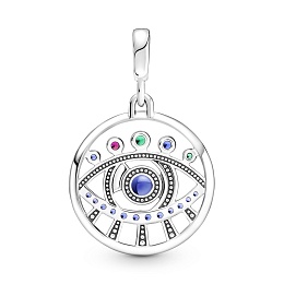 Eye sterling silver medallion with stellarblue and lake greencrystal, synthetic ruby,green and pink