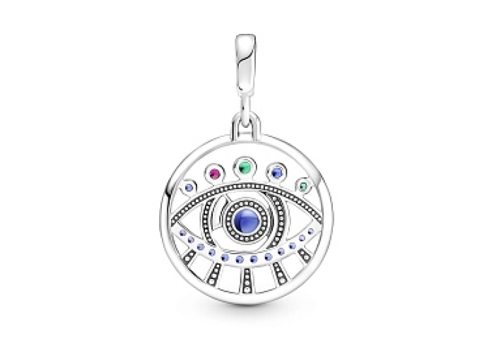 Eye sterling silver medallion with stellarblue and lake greencrystal, synthetic ruby,green and pink