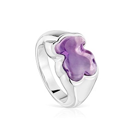 SILVER SIGNET RING AMETHYST BEAR 10MM