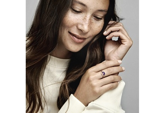 Pansy 14k rose gold-plated ring with clear cubic zirconia and shaded blue and violet enamel