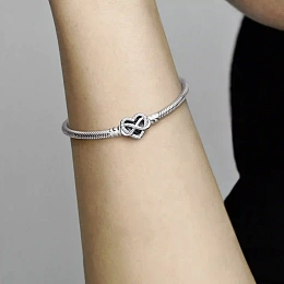 Snake chain sterling silver bracelet with infinity heart clasp with clear cubic zirconia