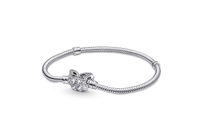 Snake chain sterling  silver bracelet with butterfly clasp with  clear cubic zirconia