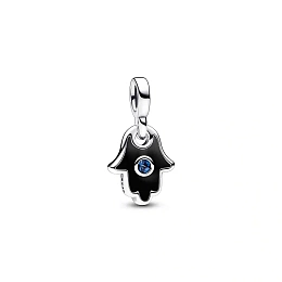 Hamsa hand sterling silver mini dangle with stellar blue crystal and black enamel