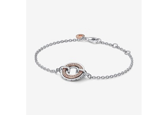 Pandora logo sterling silver and 14k rose gold-plated bracelet with clear cubic zirconia
