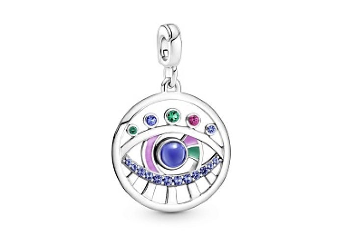 Eye sterling silver medallion with stellarblue and lake greencrystal, synthetic ruby,green and pink