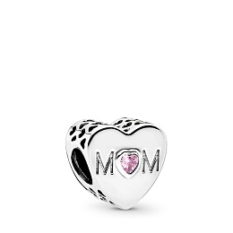 Mum heart silver charm with pink cubic zirconia/           Серебряный шарм Мама с розовым кубическим