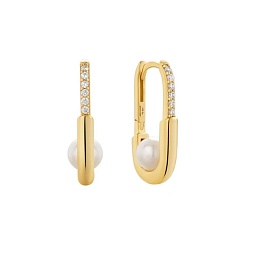 Gold Pearl Interlock Oval Hoop Earrings