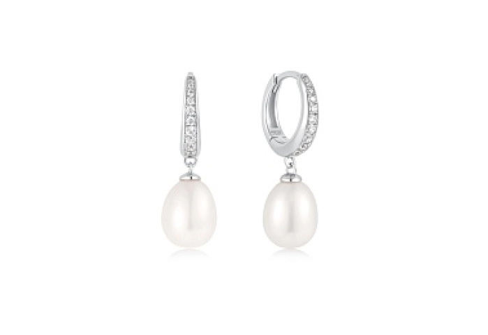 Silver Freshwater cultured pearl and White Cubic Zirconia Pavé Drop Huggies