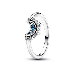 Celestial moon sterling silver ring with night blu