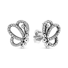 Openwork butterfly silver stud earrings with clear cubic zirconia/Серебряные серьги-писеты с чистым 