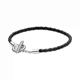 Sterling silver toggle bracelet with black leather /591675C01-S2
