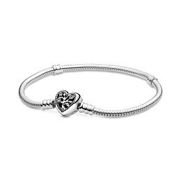 Snake chain sterling silver bracelet and heart clasp with clear cubic zirconia and black enamel/Сере