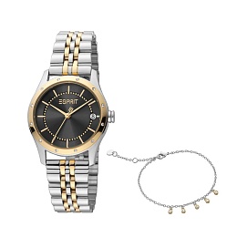 ESPRIT Women Watch, Two Tone Silver & Gold Color Case, Black Dial, Two Tone Silver & Gold Color Meta