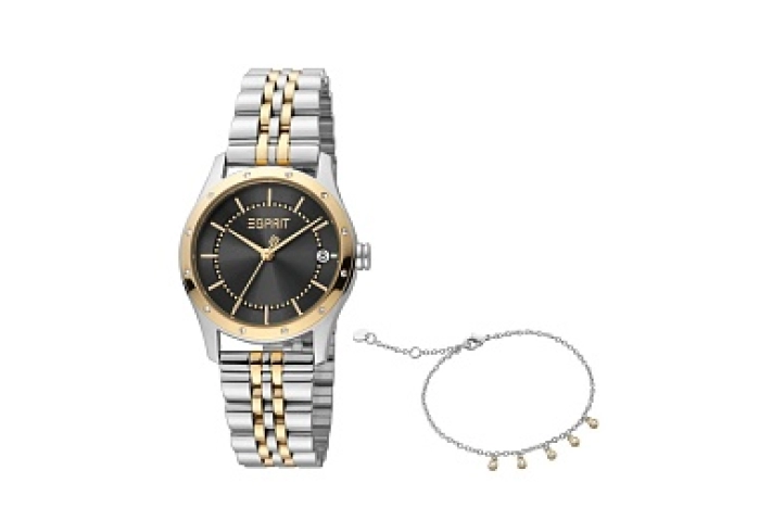 ESPRIT Women Watch, Two Tone Silver & Gold Color Case, Black Dial, Two Tone Silver & Gold Color Meta