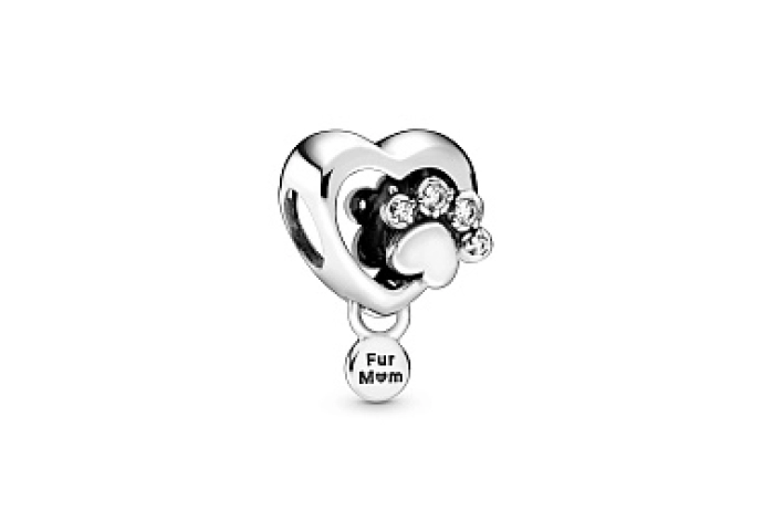 Paw heart sterling silver charm with clear cubic z