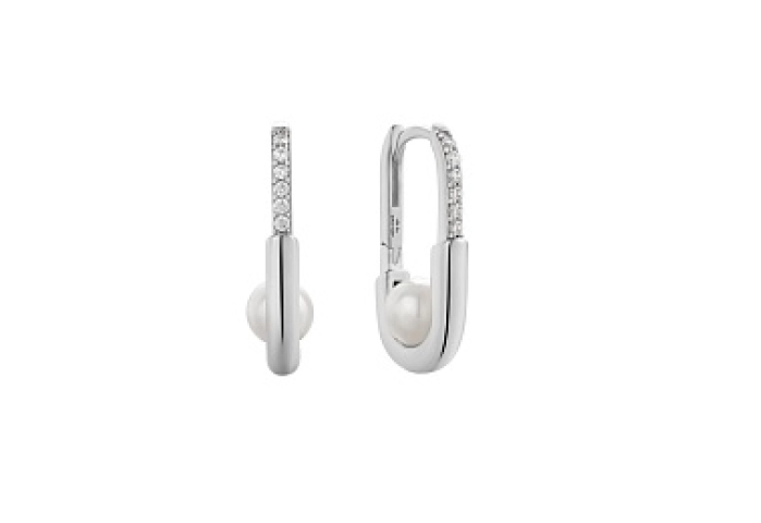 Silver Pearl Interlock Oval Hoop Earrings