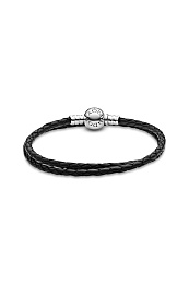 Silver leather bracelet, double, black/Серебряный кожаный браслет, черный