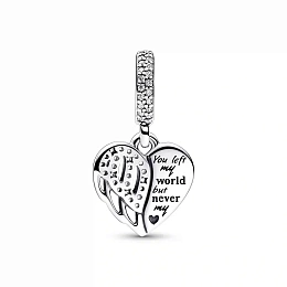 Heart angel wing sterling silver dangle with clear cubic zirconia