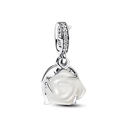 White rose sterling silver double dangle with white bioresin man-made mother of pearl and clear cubi