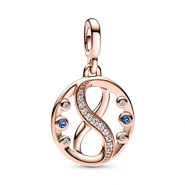 Infinity 14k rose gold-plated medallion with clear cubic zirconia and stellar blue crystal