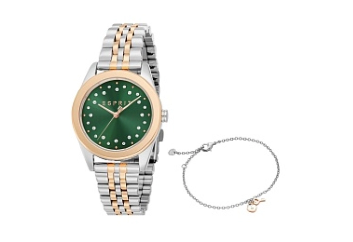 ESPRIT Women Watch, Two Tone Silver & Rose Gold Color Case, Dark Green Dial, Two Tone Silver & Rose 