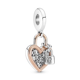Heart padlock sterling silver and 14k rose gold-plated double dangle with clear cubic zirconia/Сереб
