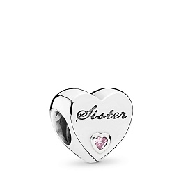 Sister heart silver charm with pink cubic zirconia/Серебряный шарм Сестра с розовым кубическим цирко