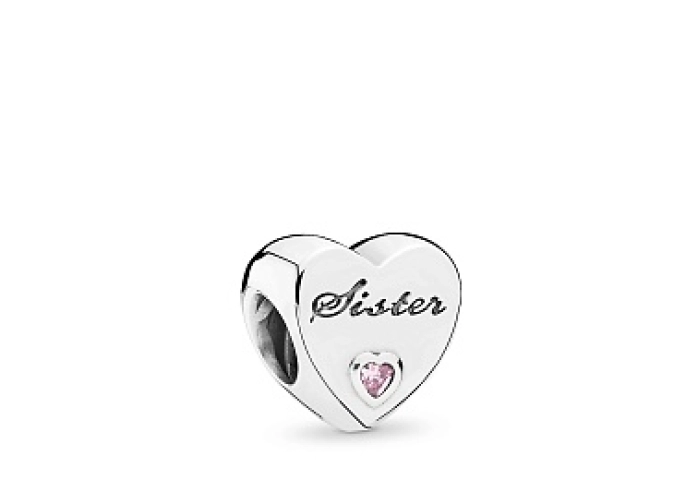 Sister heart silver charm with pink cubic zirconia