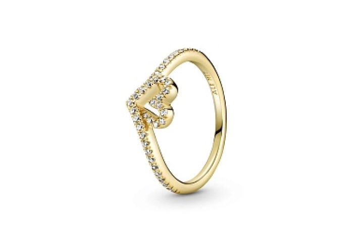 Heart and wishbone 14k gold-plated ring with clear
