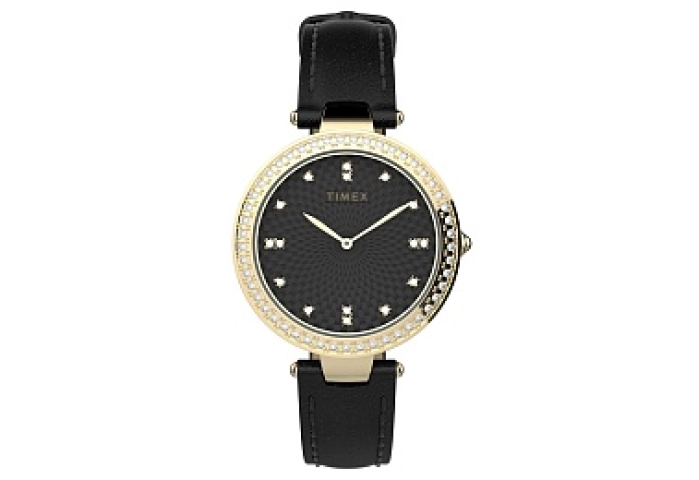 Womens Jewelry Inspired Gold Tone Case with Crystal and Black Strap