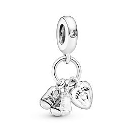 Shoes, baby bottle and heart silver dangle with clear cubic zirconia and white enamel/Серебряная под