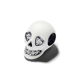 Skull sterling silver charm with clear cubic zirconia and white glow in the dark enamel