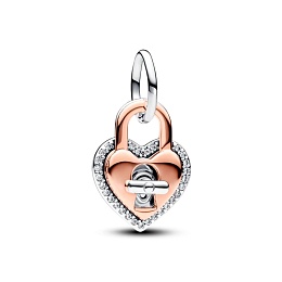 Padlock heart sterling silver and 14k rose gold-plated dangle with clear cubic zirconia