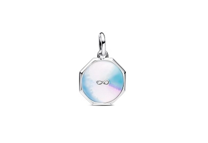 Infinity sterling silver medallion with white, blue, pink and purple enamel