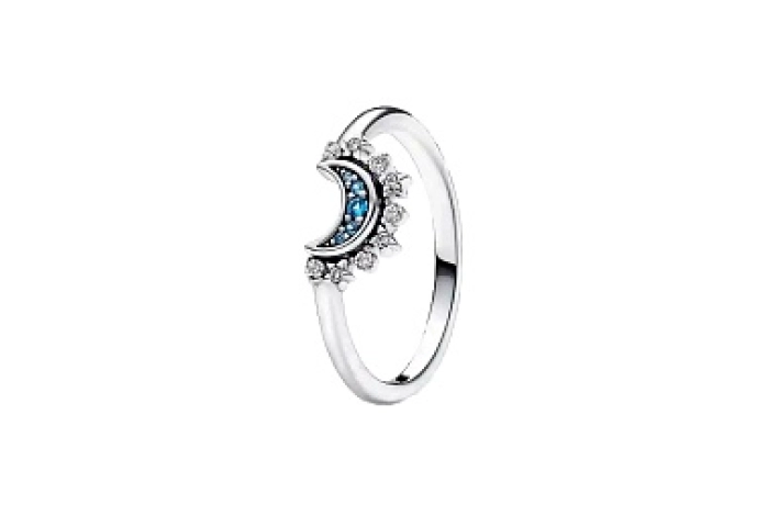 Celestial moon sterling silver ring with night blu