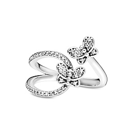 Butterfly silver open ring with clear cubiczirconi