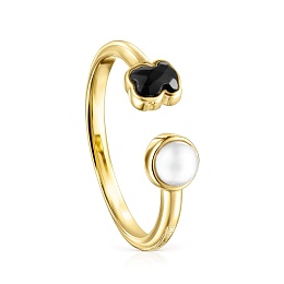 SILVER GOLD PLATED RING ONYX CULTU PEARL