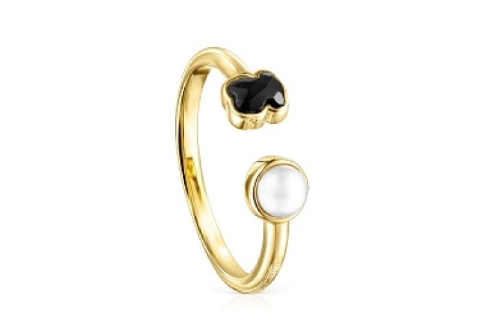 SILVER GOLD PLATED RING ONYX CULTU PEARL