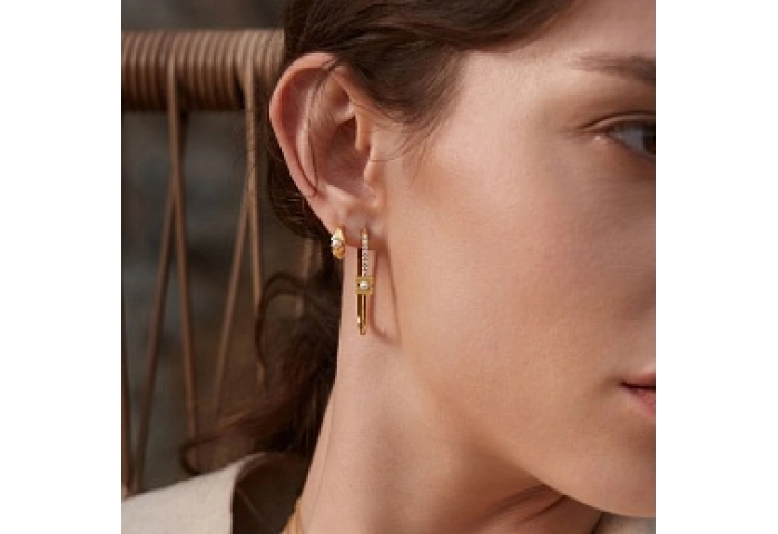 Gold Pearl Modernist Oval Hoop Earrings
